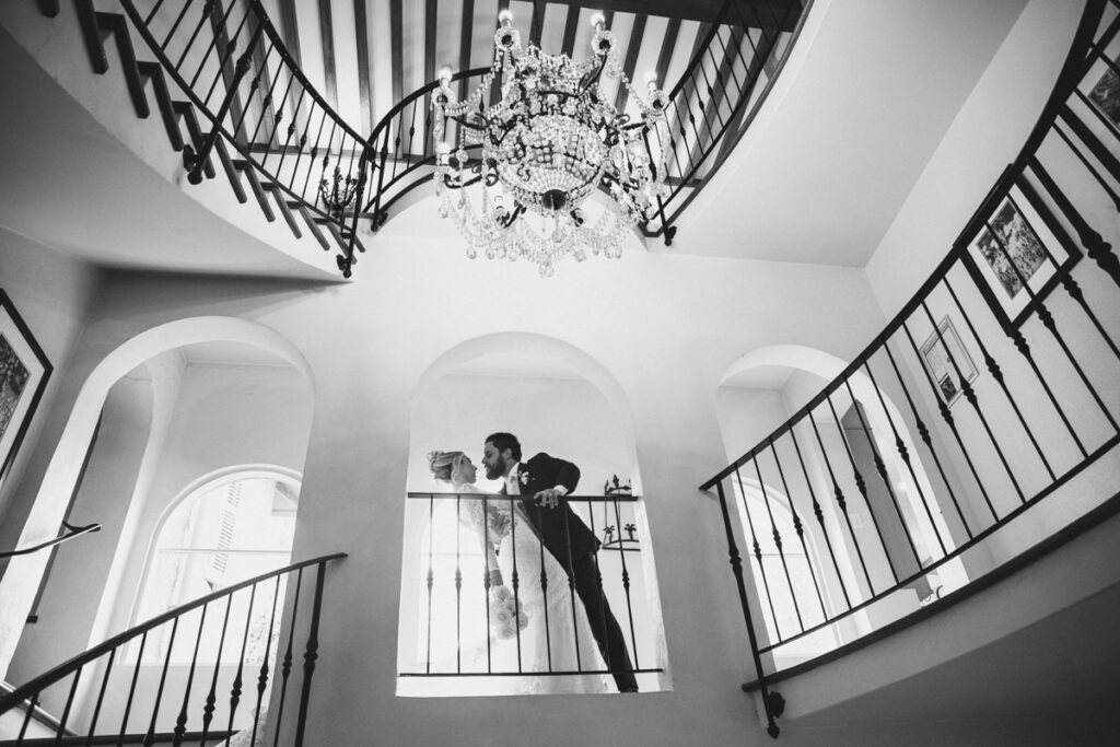 Weddings in Tasmania Bride and Groom in luxury staircase